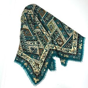 Carole Little Wool Square Scarf Peacock Blue Beige made in Japan Vintage